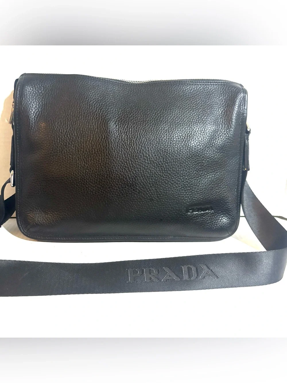 Prada unisex Black pebbled Leather Crossbody Bag with Adjustable Strap